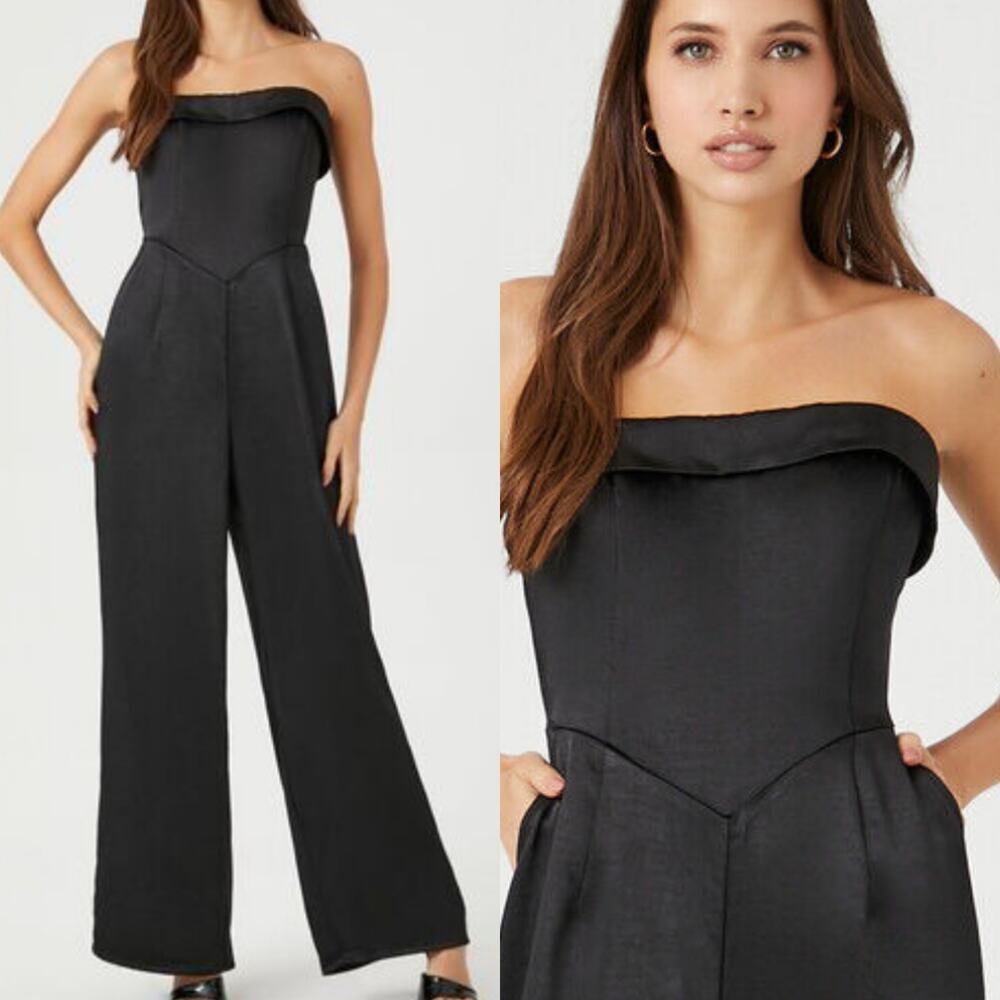 NEW Forever 21+ Satin Foldover Strapless Jumpsuit 3X Plus Black‎ NWT